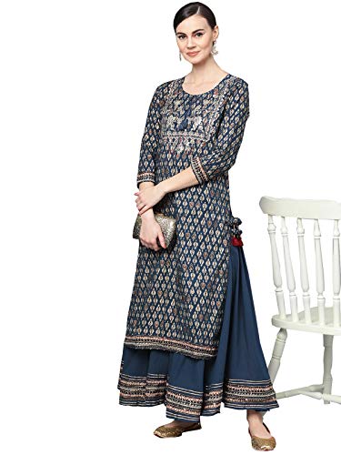 Image of ishin Women's Rayon Black Embellished A-Line Kurta Palazzo Set