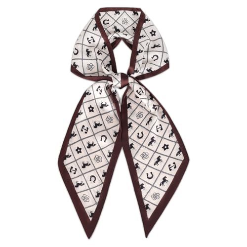 Relang Satin Scarf Mulberry Silk Printed Head Wrap Hair Band 7"" x 59"" Brown and White Elements