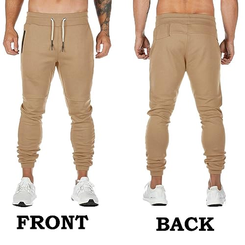 Aotorr Men's Slim Fit Joggers Casual Slim Sweatpants Workout Running Track Pants With Zipper Pockets Khaki L #TOP6