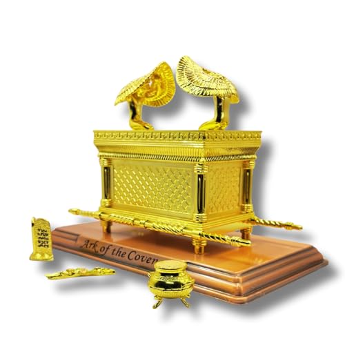 3 ARCHES USA Gold Plated The Ark of The Covenant Figurine Model (11” x 6.5” x 8.5”) with Contents - Aaron's Rod, Manna, Ten Commandments - Detailed Replica Tabletop Decor