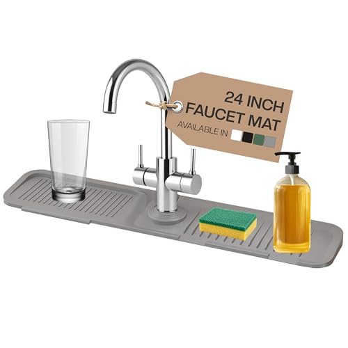 24 Inch Silicone Faucet Mat for Kitchen Sink Splash Guard & Draining Tray Sink Protector with Soap & Sponge Holder Grey (Purest Peak)