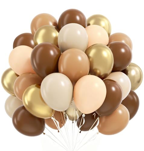 Ballons Anniversaire Marron, 60 Pièces Ballon Helium Beige Nude Or, 12 Pouces Latex Ballons Marron Dorés Pour Bapteme Mariage Anniversaire Neutre Baby Shower...