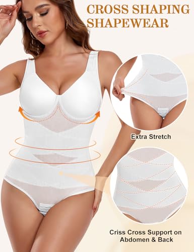 Yuson Girl Body modelujące damskie body modelujące sylwetkę z oddychającą siatką bielizna modelująca bezszwowa bielizna regulowane ramiączka i kontrola niewidzialny brzuch z biustonoszem, Kolor biały