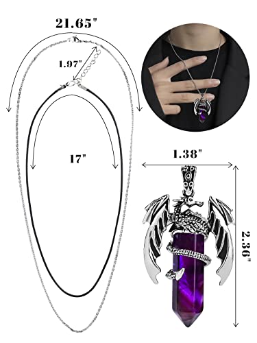 Abitoncc Dragon Necklace Hexagonal Healing Crystal Wrapped Silver Dragon Pendant Necklace Retro Spiritual Gemstone Point Natural Crystal Dragon Jewelry Cool Necklace For Men Women(Amethyst) #TOP3
