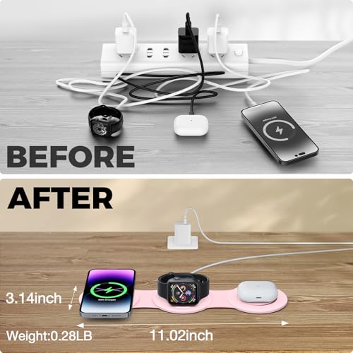 Image of Hicober 3 in 1 Wireless Charging Station for Apple Watch and iPhone Air 17 16 15 14 13 12 Pro Max /Plus, Magnetic Foldable Wireless Travel Charger Station Stand for Airpods iWatch All Series Pink
