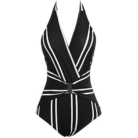 GRACE KARIN Swimsuits for Women Halter Backless Swimming Costume One Piece Swimwear L Black White Stripe Cover
