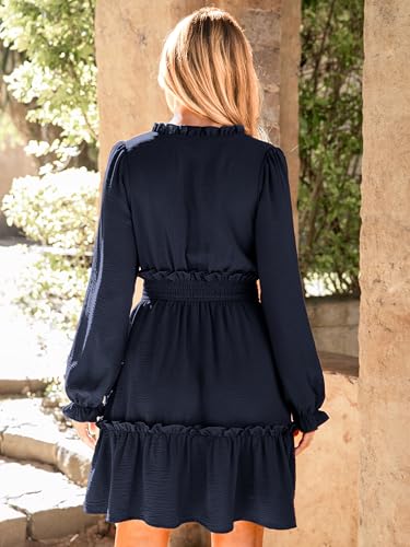 BerryGo Womens Long Sleeve Mini Dress Casual Ruffle Tiered High Waist V Neck Short Cute Dresses with Pockets Navy Blue S — view 3