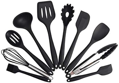 Ziaon Silicone Heat-Resistant Non-Stick Kitchen Utensil Set Cooking Tools, Turner, Whisk, Spoon, Brush, Spatula, Ladle Slotted Turner Tongs Pasta Fork (Black)