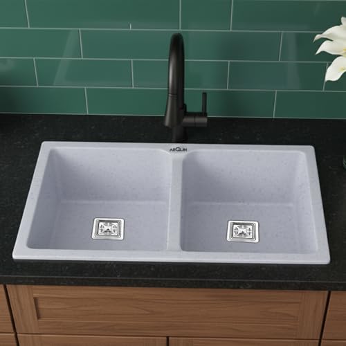 Image of ARQUIN Double Bowl Quartz Kitchen Sink 45x20x9 Inch Sand Pluto | Undermount,Topmount | Including Coupling,Sink Connector,Waste Pipe & Fruit Washing Basket