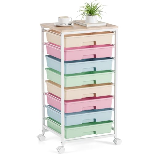 Rolling Storage Cart, Rainbow Cart with 8 Drawers and Wooden