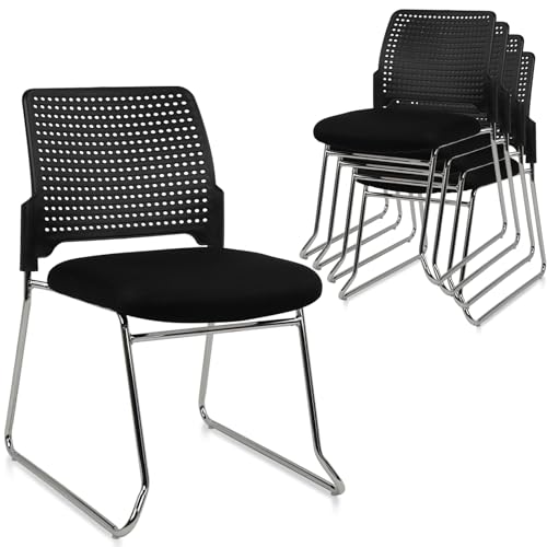Image of CLATINA Stacking Chair Set of 4, Office Waiting Reception Stackable Armless Chairs with Padded Seat Sled Base, Plastic Desk Chair No Wheels for Conference Lobby Break Room Guest Training, Black