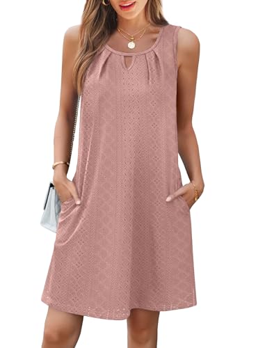 Image of RUMIA Swimsuit Coverup for Women Summer Sleeveless Beach Dress | Crew Neck, Pockets, Eyelet, Boho, Above knee Length, A-Line. Everyday wear, Sundresses, Cruise Wear, Vacation essential