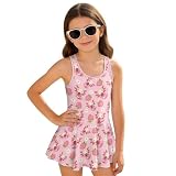 HUIACONG Cute Axolotl Girl One Piece Swimsuit with Skirt Size 10-12 Strawberry Big Girls Bathing Suit Swimwear Swim Dress Pink Birthday Bathing Suit for Big Girls