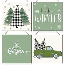 4 Pcs Sage Green Christmas Decorations Green Christmas Wooden Sign Hello Winter Xmas Tree Wall Decor Sage Rustic Farmhouse Wall Art for Bedroom Living Room Office Decorations