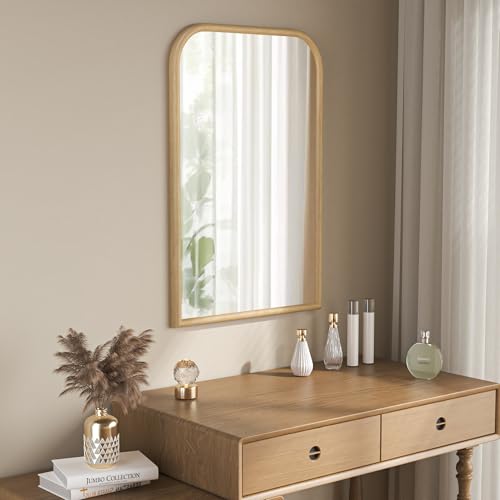 Image of 24 inchx36 inch Arch Wall Mirror for Wall, Wall Mounted Vanity Mirror for Bedroom, Wood Grain Finish Frame Mirror with Tempered Glass, Vintage Decorative for Bathroom, Entryway, Living Room, Natural