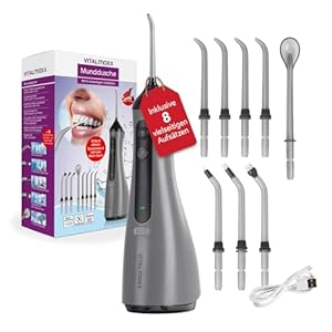 VITALmaxx Munddusche | elektrische Zahndusche - 8 Aufsätze, Wassertank | Zahnreiniger kabellos mit Timer & 3 Modi zur effektiven Mundspülung | Water Flosser, Zungenreiniger & Zahnsteinentferner in 1