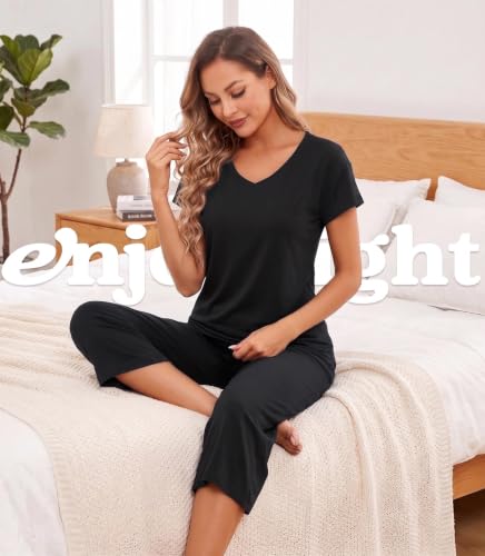Image of ENJOYNIGHT Womens Pajama Sets Cotton Pj Set Short Sleeve Top With Capri Pants Sleepwear 2 Piece Lounge Set