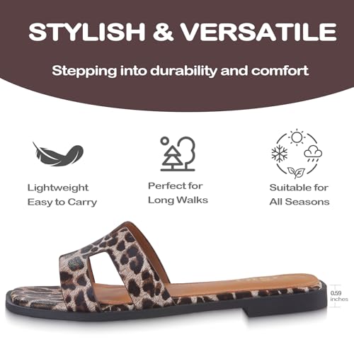 Image of Sandals for Women 2026 Dressy Cute Summer Flat Slides Comfortable Soft Leather for Ladies Casual Square Open Toe Slip On Beach Sandals Leopard Size 6
