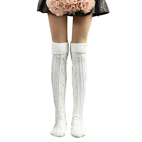 Women's Over Knee Socks Thigh High Cable Knit Stockings Boot Extra Long Winter Leg Warmers Thick (One Size,White)