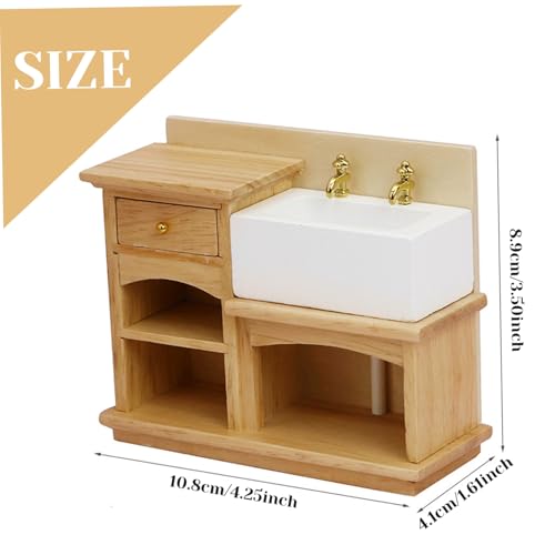 Fregadero de casa de muñecas en madera pulida con acabado artesanal 1/12 5