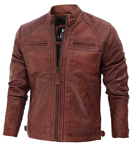 Fjackets Real Lambskin Leather Biker Jacket — Quilted Cafe Racer Zip Up Moto Jacket Men | [1100086] Johnson Brown, 2Xl #TOP1