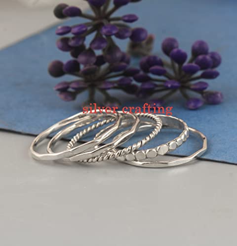 Set Of Five Mixed Stacking Sterling Silver Ring Modern Handmade Stacking Set Beaded Twisted Hammered Ring Jewellery Gift (8) #TOP1