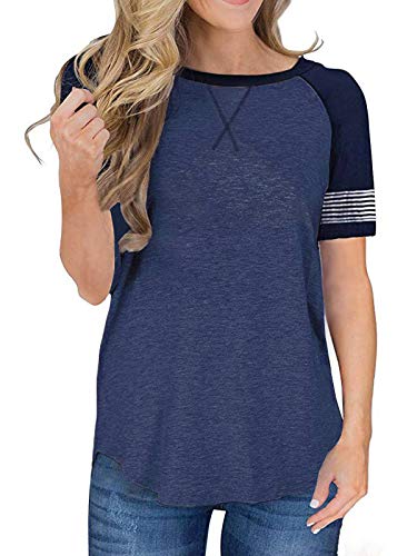 Jurebecia feminino solto casual contrastante blusa solta de manga curta,Azul-L