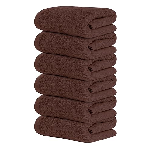 Tens Towels Pack of 6 Hand Towels 100% Cotton Lighter Weight Quick to Dry 16 x 28 Inches Super Soft & Absorbent Perfect for Bathroom & Kitchen (Brown)