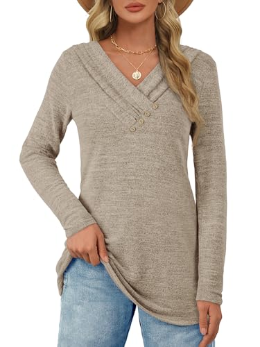 ATHMILE Long Sleeve Women Fall Fashion Tunics for Leggings V Neck Button Casual Blouse Loose Fit Work Tops Trendy Tunic Tops Khaki