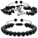 Sikweny 2 Piezas Pulseras Piedras Naturales Pulsera Turmalina Negra Obsidiana Mariposa Chakra Mujer Cristales Piedras Curativas Hilo Elastico Ajuste Cómodo Estilo Elegante Cuerda Meditación Regalos