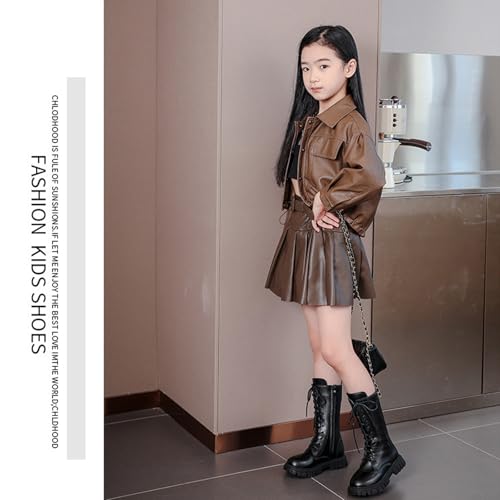 Girls' Boots,Girls Lace Up Riding Boots Mid Calf Combat Boot, Fashion Waterproof Pu Leather Side Zipper Punk Goth Boot2