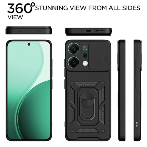 Image of Pikkme Back Cover for Oppo Reno 14 5G | Sliding Camera Shield with Ring Stand | D10 Full Camera Protection Bumper Case (Black)