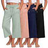 LessonZoo 4 Pack Girls Capri Pants Wide Leg Cropped Pants Basic Casual Solid Drawstring Capris with Pockets for Ages 5-14(Light Green, Coral Pink, Navy Blue, Black,7-8 Years)