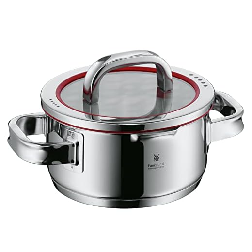 WMF Function 4 Kookpan, klein, 16 cm, glazen deksel, braadpan, inductie 1,4 l, Cromargan gepolijst roestvrij staal, 4 afgietfuncties, schaalverdeling aan de binnenkant, rood