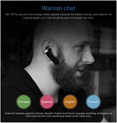 Man wearing the RB-T9 headset, with icons for Chinese, Spanish, English, and French languages.