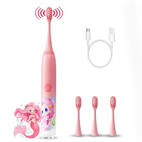 Image of Obvie Sonic Electric Kids Toothbrush with 5 Brushing Modes, IPX7 Waterproof, Soft Nylon Bristles, Rechargeable Battery last up to 30 Days, Type-C Electric Power Tooth Brush, 3 Heads (Pink)