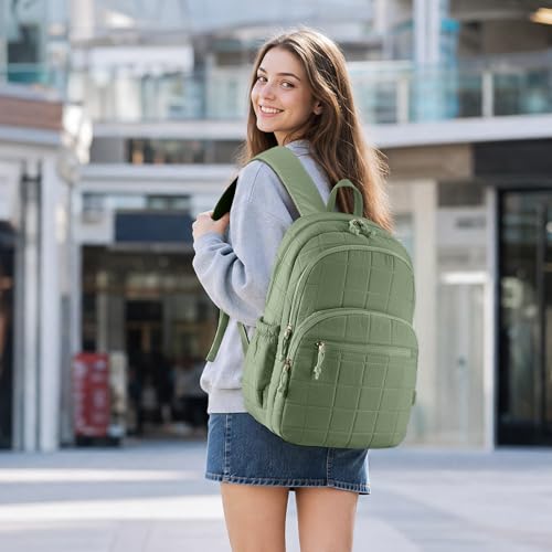 Image of kadilong Quilted Travel College Laptop Backpack for Women,Daypack Bookbag for School Teen Girls Mochilas Mujer,Green