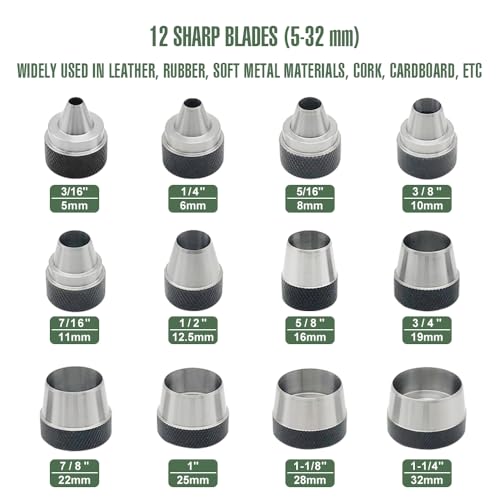 12 in 1 Gasket Punch Set with Sharp Leather Hole Punches, Hollow Punch Set for Leather, 3/16'' to 1-1/4'' Hole Punch Kit with Handle