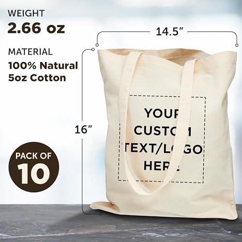 DISCOUNT PROMOS Custom Natural Cotton Fiber Tote Bags (Set of 10) - Personalized, Reusable & Eco-Friendly - Perfect for Grocery, Promotions, Branding - Natural Color, 14.5"X16", 5 OZ Cotton3
