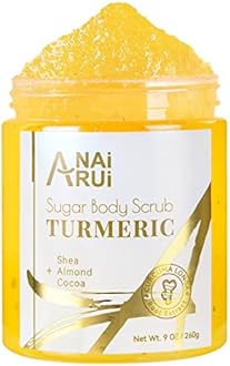 ANAI RUI Turmeric Body Scrub Exfoliator, Sugar Scrub for Exfoliating, Smoothing, Hydrating Skin, Face & Body Scrub with Turmeric, Face Body Hand and Foot Scrub, Moisturizing Body SkinCare, 9 OZ