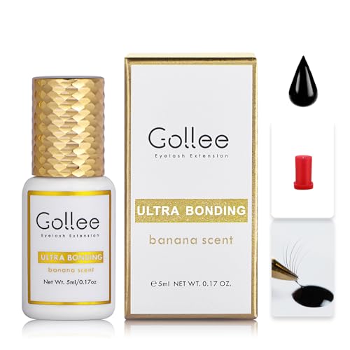GOLLEE pegamento pestañas postizas pegamento pestañas pelo a pelo pegamento extensiones de pestañas pegamento de pestañas pegamento para pestañas(0,7 fl.oz/5 ml)/1-2S/6-8 Semanas/Sabor a plátano/Negro
