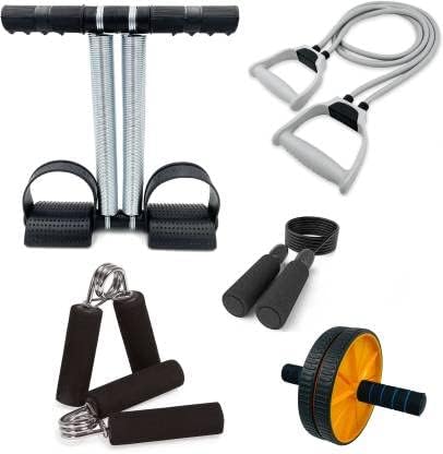 Sixteen Full Body Gym Home Workout Exercise Equipment Combo Set for Men Women – Pack of 5 (Tummy Trimmer with Toning Tube, Abs Wheel Roller, Skipping Rope and Hand Gripper)-picture-19