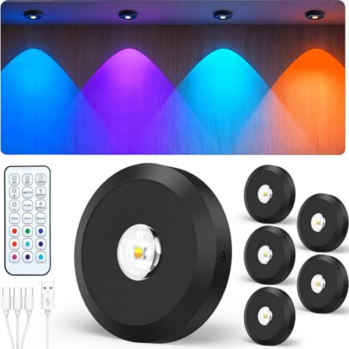 JVURICE Vitrinenbeleuchtung Led Schrankbeleuchtung RGB Led Spot Akku USB Aufladbar Mini 180H Energiesparend Magnet Dimmbar Unterbauleuchte Kabellos Küche Schrankbeleuchtung Mit Timer Fernbedienung
