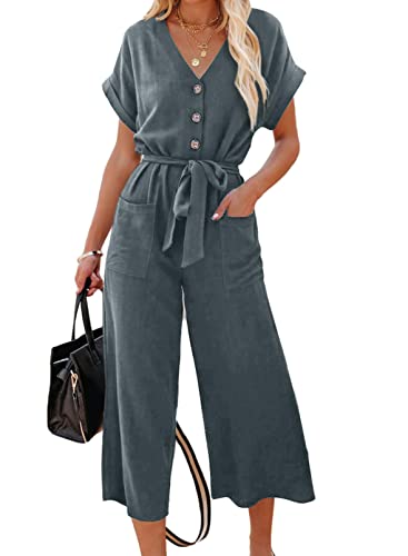 Happy Sailed Womens Short Sleeve V Neck Button Belted Linen Jumpsuits Wide Leg Long Pants Rompers With Pockets Blue X-Large #TOP7