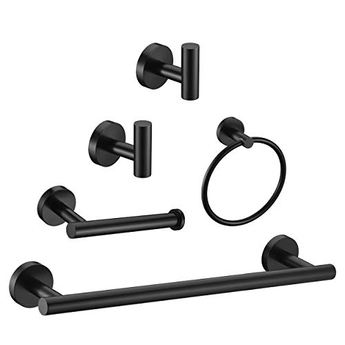 Juego de 5 accesorios de baño negro mate, anillo de toalla de mano de 16 pulgadas, soporte de papel higiénico, 2 piezas redondas de acero inoxidable SUS 304, soporte de baño montado en la pared