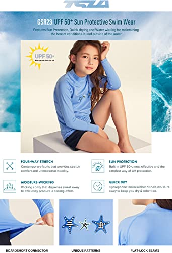 Tsla Girls Long Sleeve Rash Guard Shirt, Uv/Spf Water Beach Surf Swim Top, Upf 50+ Sunscreen Swimwear Shirts, Stars Pastel Blue, 14 #TOP4