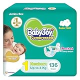 بيبي جوي الحشوة الماسية المضغوطة، مقاس 1، المولود الجديد، 0-4 كغ، الصندوق الجامبو، 136 حفاض