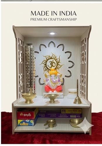 Image of Beautiful Wooden Pooja Stand for Home, Temple, Office, Wall Mounted Puja Mandir with LED Spot Light Size (L- 29 CM, W- 25 CM, H - 37.5 CM)