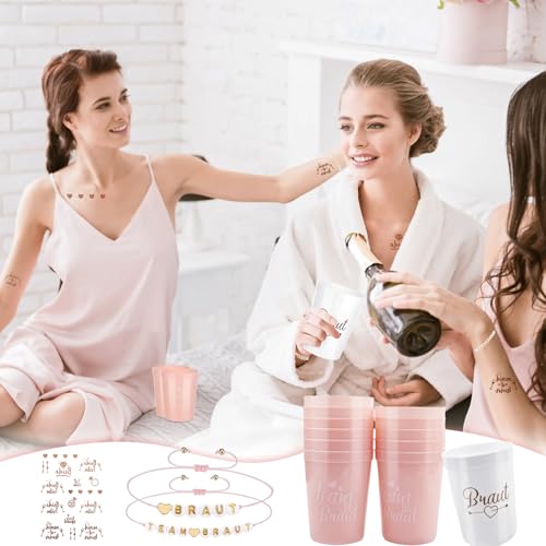 Junggesellenabschied Frauen, Braut und Team Braut Tassen mit Tattoos Set, 12 JGA Becher + 12 JGA Armbänder Frauen + 1 JGA Tattoo Aufkleber für Junggesellenabschied, Dating,Hochzeit, Begleitgeschenk