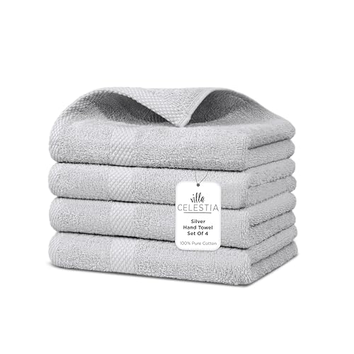 Image of Villa Celestia Cotton Hand Towels Set of 4, 16 x 28, Oeko-TEX Certified, Quick Dry, Silver